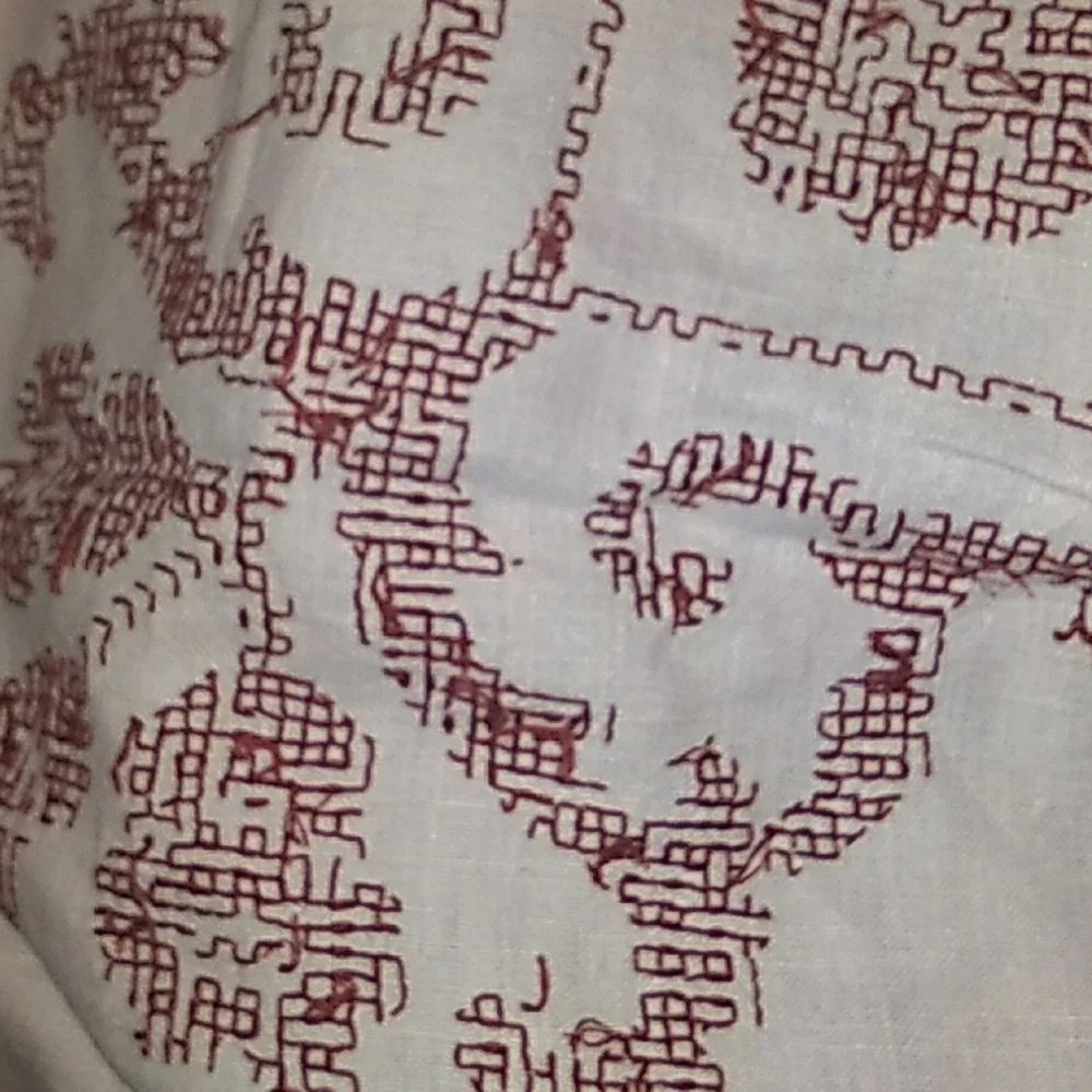 ⚜️ 1950’s TABLECLOTH LINEN/MUSLIN OBLONG EMBROIDERED Cranberry on CREAM  VNVC
